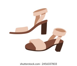 Summer open-toe sandals with ankle strap. Stylish elegant female footwear pair, block heeled shoes in fashion modern trendy design. Flat graphic vector illustration isolated on white background