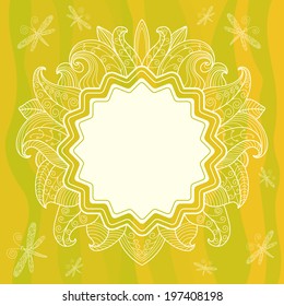 Summer openwork frame with flowers, leaves and dragonflies, freehand drawing. Place for your text