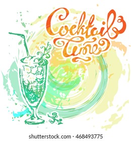 Summer optimistic vector lettering with mojito cocktail on a grunge spot background. The phrase is hand written and can be used as a calligraphy postcard or some graphic design element.