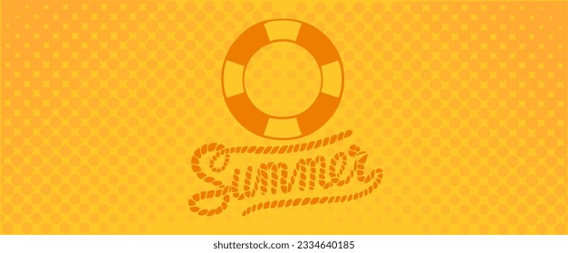 Summer orange background. Central rope logo and the inflatable swimming ring. Dotted background, polka style, pop summery banner.