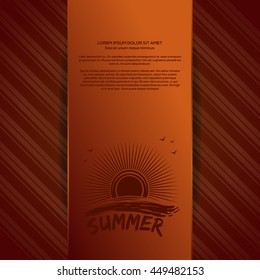 Summer orange background with sun, sea, seagull and the inscription - Hello Summer. Vector illustration