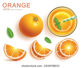 Summer orange juice vector set design. Orange juice beverage in glass drink with grapefruit cocktail refreshment for tropical season. Vector illustration summer orange drink elements. 

