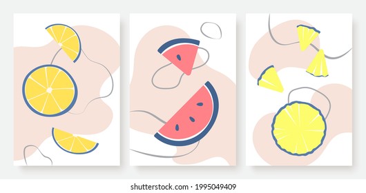 Summer orange lemon watermelon fruits, abstract minimal wall art vector illustration set. Social media stories and post template.
