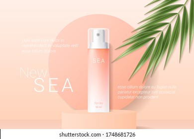 Summer orange sunscreen spray ads template  Peach gradient cosmetics spray round podium   realistic green tropical palm leaf  Realistic 3d style  Vector illustration 