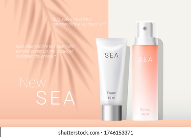 Summer orange sunscreen spray and white cream ads template. Peach gradient cosmetics spray and white cream tubes with shadow of tropical palm leaf. Realistic 3d style. Vector illustration.