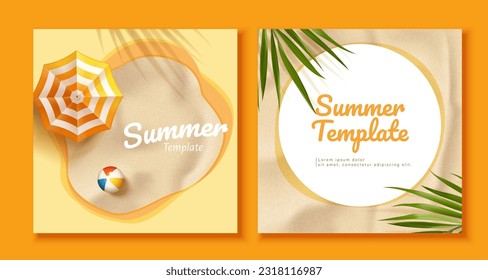 Conjunto de plantillas de tema de verano naranja. Vista de la soleada isla de la playa con sombrillas, balón de playa y follaje tropical sobre la arena.