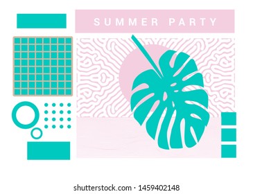 Summer organic poster with monstera leaf on circle background. Vaporwave neo-memphis bauhaus design.