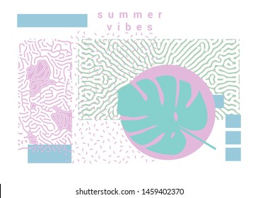 Summer organic poster with monstera leaf on circle background. Vaporwave neo-memphis bauhaus design.