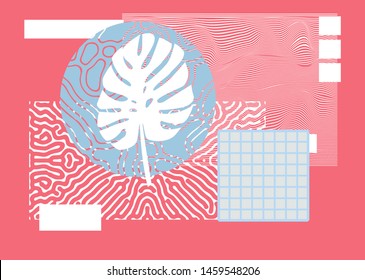 Summer organic poster with monstera leaf on red background. Vaporwave neo-memphis bauhaus design.