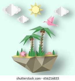 Summer Origami Art Applique. Paper Crafted Cutout World. Decoration Template For Banner, Card, Logo, Poster. Composition With Style Elements And Symbols For Summertime. Design Vector Illustrations.