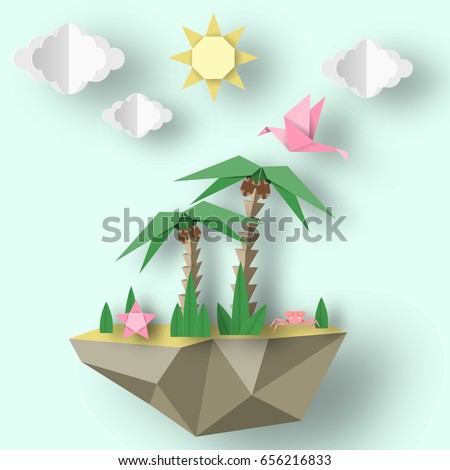 Summer Origami Art Applique. Paper Crafted Cutout World. Decoration Template for Banner, Card, Logo, Poster. Composition with Style Elements and Symbols for Summertime. Design Vector Illustrations.