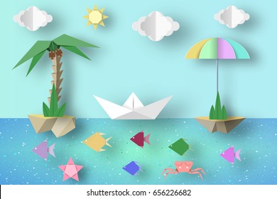 Summer Origami Fun Art Applique. Paper Crafted Cutout World. Composition With Style Elements And Symbols For Landscape. Decoration Template For Banner, Card, Logo, Poster. Design Vector Illustrations.