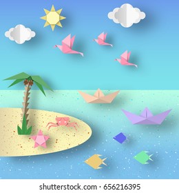 Summer Origami Sea Art Applique. Paper Crafted Cutout World. Composition with Style Elements and Symbols of Summertime. Decoration Template for Banner, Card, Logo, Poster. Design Vector Illustrations.