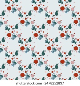 Summer ornament. Seamless light pattern with fruits and cups. Vector illustration