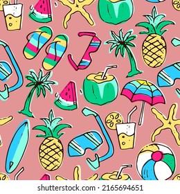 Summer ornament seamless pattern with flip flops, pineapple, sunglasses, coconuts, umbrella. Modern exotic design for textile, paper, cover, fabric, interior decoration and other media or template.