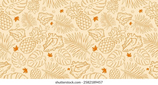 Summer ornament with shells, pineapples and tropical plants. Seamless pattern in contour lines.