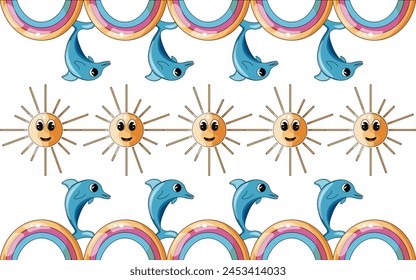 Summer ornate with Cartoonish Rainbow Dolphin and Kawaii Sun isolated white background. Travel pattern in trendy Flat style. Y2K Vector can used web banner poster dress print. Editable stroke