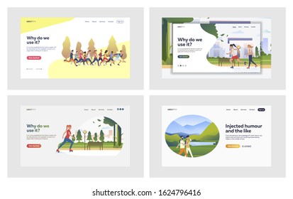 Summer outdoor activities set. People running marathon, roller skating, walking. Flat vector illustrations. Weekend, hobby, lifestyle concept for banner, website design or landing web page