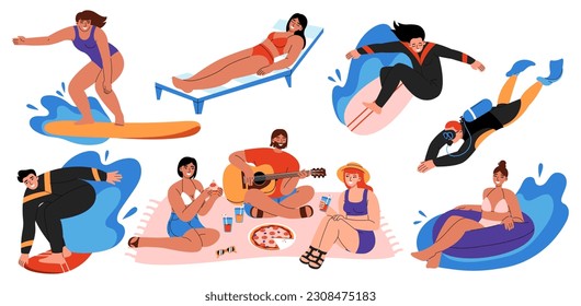 Summer outdoor activities set. People surfing, relaxing on chaise longue, making picnic, swimming and snorkeling. Scenes of happy men and women at leisure time. Flat vector illustrations.