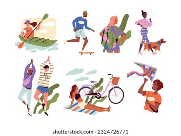 Summer outdoor activities set. Young people have fun and do yoga, go boating and skating, cycling and walking dog. Happy characters resting. Cartoon flat vector collection isolated on white background