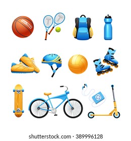 Summer outdoor activities sport equipment flat icons collection with tennis rackets and bicycle abstract isolated vector illustration