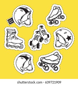 Summer outdoor activities sport equipment patch badges collection with helmets and roller skates on yellow background