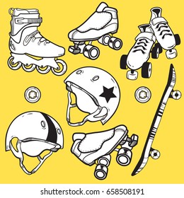 Summer outdoor activities sport equipment icons collection with helmets, wheels, skateboard and roller skates on yellow background
