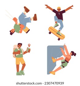 Summer outdoor activity flat vector cartoon characters set. Rock climbing, hiking spot illustrations. Skateboarding. Full body people isolated on white. Editable 2D simple drawing pack, graphic design