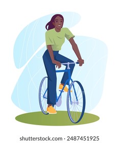 Actividad al aire libre de verano. Feliz niña sonriente ciclista monta en bicicleta en el parque de vacaciones en la temporada de verano. Ocio activo, Ocio y pasatiempo. Ilustración vectorial de dibujos animados aislada sobre fondo blanco