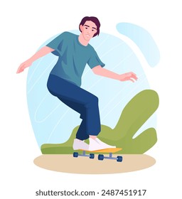 Summer outdoor activity. Happy teenage guy riding skateboard in park or on street. Hobbies and active pastime during summer holidays. Cartoon vector illustration isolated on white background