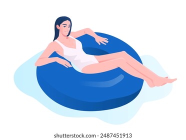 Summer outdoor activity. Happy woman in swimsuit or bikini lies on inflatable ring, rests and relaxes on vacation in summer season. Pool Party. Cartoon vector illustration isolated on white background