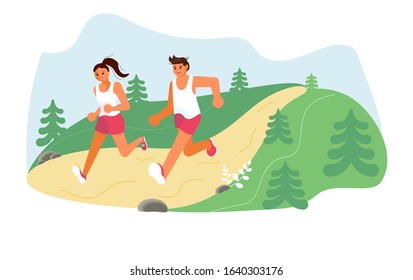 Summer outdoor activity marathon. People jogging or running through park. Sports competition. Flat Art Vector Illustration