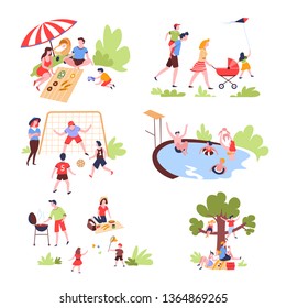 Summer Outdoor Activity And Recreation Family Leisure Vector Pastime On Nature Picnic And Walk Football Game And Swimming Pool Bbq Party And Badminton Tree Climbing And Reading Parents And Children.