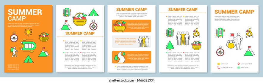 Summer outdoor adventure camp brochure template layout. Flyer, booklet, leaflet print design with linear illustrations. Vector page layouts for magazines, annual reports, advertising posters