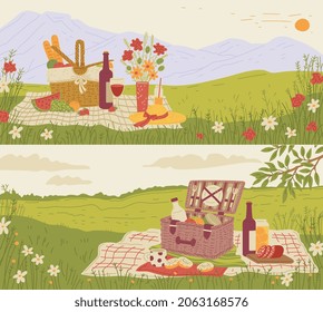 Pancartas, carteles o volantes de verano al aire libre con barbacoa y carteles horizontales de picnic, colocados con cestas tejidas en el paisaje de fondo, ilustración vectorial de mano plana.