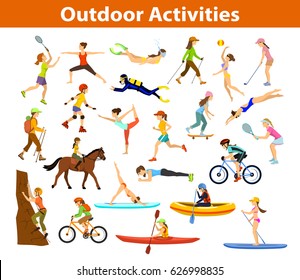 Summer Outdoor, beach sports and activities set. Woman do yoga, running, cycling, travel with mountain bike backpack, paddle, kayaking, climbing, rafting,snorkel, hiking, plays tennis, golf,badminton