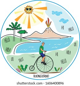 Summer outdoor bicycle ride, Naples countryside, healfy lifestyle, vector drawing, flat illustration.
