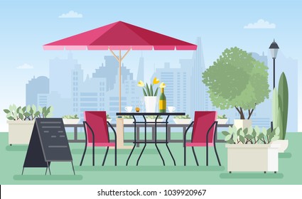 Summer outdoor cafe, coffeehouse or restaurant with table, chairs, umbrella and welcome board standing on city street against skyscrapers on background. Colorful vector illustration in flat style.