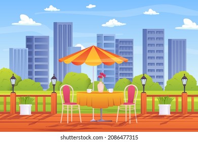 Summer outdoor cafe concept in flat cartoon design. Terrace with cups on table and chairs, umbrella, wooden fence with lanterns, green plants and skyscrapers view. Vector illustration background