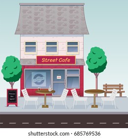 Summer outdoor cafe on the background of a cafe building with an advertising stand, a cup of coffee and a takeaway coffee. 