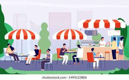 Summer Outdoor Cafe. People Sitting At Table In Street Cafe, Drinking And Eating Fast Food Lunch. Summer Restaurant Vector Concept