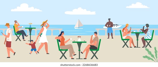 Summer outdoor cafe. Restaurant or coffee shop in open air on shore of ocean or sea. Tourist establishment for seasonal holidays or rest. Travel or vacation time. Cartoon flat vector illustration