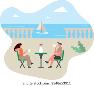 Summer outdoor cafe. Restaurant or coffee shop in open air on shore of ocean or sea. Tourist establishment for seasonal holidays or rest.flat vector illustration.