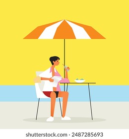 Summer outdoor cafe. Restaurant or coffee shop in open air on shore of ocean or sea. Tourist enjoying food. Travel or vacation time. Cartoon flat vector illustration