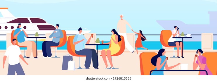 Café al aire libre de verano. Restaurante junto al mar, cafetería con vistas al mar. Vacaciones en el océano, tiempo de viaje o turistas relajados. Festividad masculina, reuniones al aire libre estacionales, ilustración vectorial