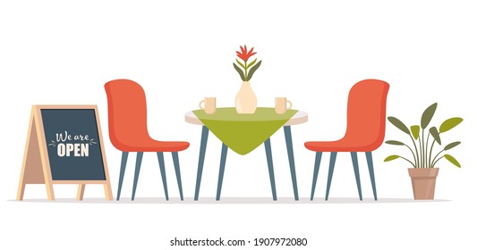 Summer outdoor cafe with table and seats, street chalk board. Restaurant scene in flat design. Romantic dinner table for two. Vector illustration