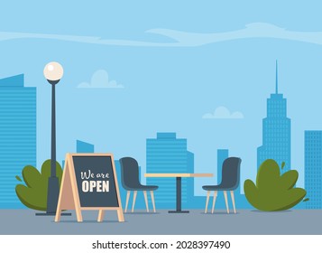 Cafetería al aire libre de verano con mesa y asientos con un fondo moderno de ciudad. Escena de restaurantes callejeros de diseño plano. Ilustración del vector