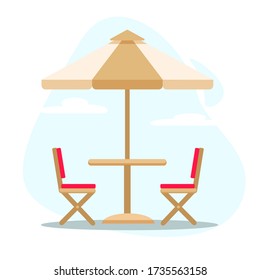 Summer outdoor cafe with table,  umbrella, chairs isolated on blue sky background. Colorful vector illustration in flat style