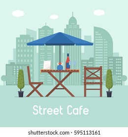 Summer outdoor cafe terrace with seats under parasol on modern city background. Street restaurant scene in flat design. Romantic dinner table for two with menu, wine bottle and glasses.