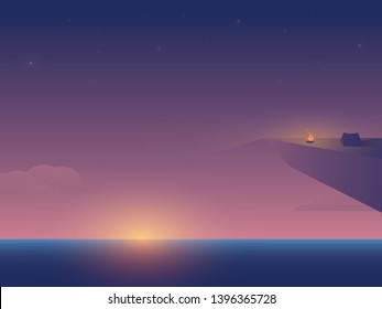 Summer outdoor camping holiday vector concept with tent on cliff near sea. Symbol of active adventure holiday, recreation. Sunset landscape with sea. Eps10 illustration.